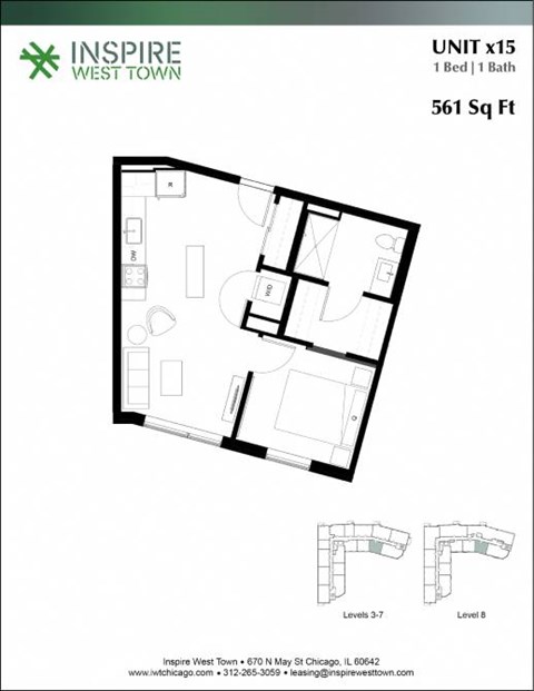 Floor plan for 1 bed, 1 bath, 561 sqft